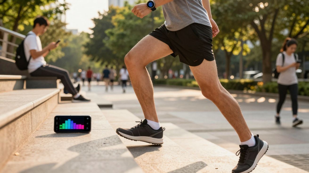Personne courant dans un parc urbain avec un smartphone et une montre connectée visible.