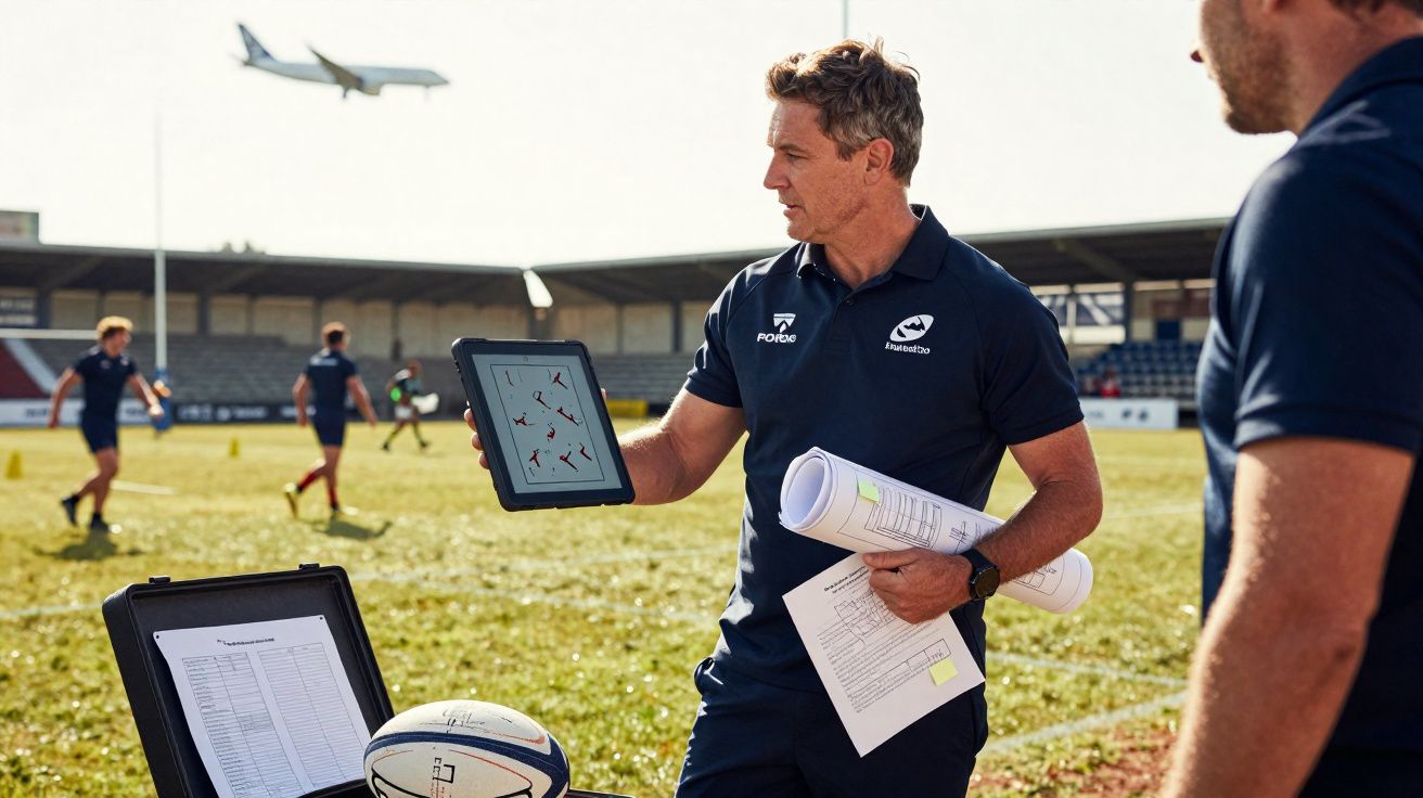 Entraîneur de rugby montre un schéma tactique sur tablette lors d’un entraînement sur le terrain.