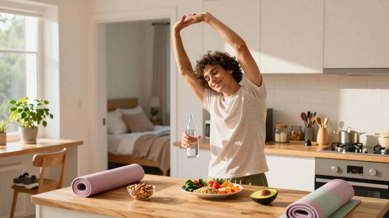Jeune homme s'étirant dans une cuisine lumineuse avec eau, légumes frais et tapis de yoga sur la table.