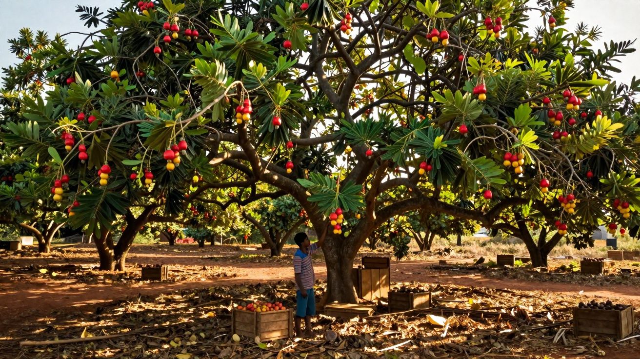 Enfant sous un arbre fruitier chargé de fruits rouges et jaunes dans un verger au sol couvert de feuilles mortes.