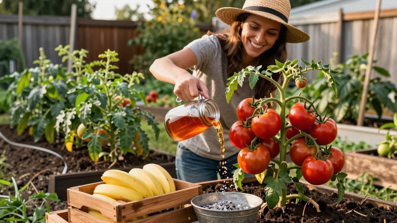 Femme arrosant un plant de tomates rouges dans un jardin potager avec bananes à côté.
