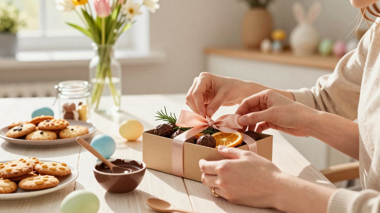 Une personne décore une boîte cadeau avec un ruban rose, entourée de biscuits et d’œufs de Pâques colorés.