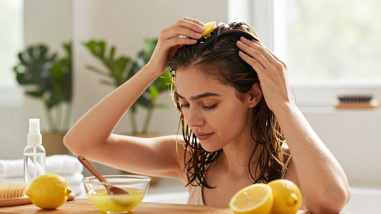 Jeune femme applique un citron sur ses cheveux mouillés, assise à une table avec des citrons et un bol de préparation.