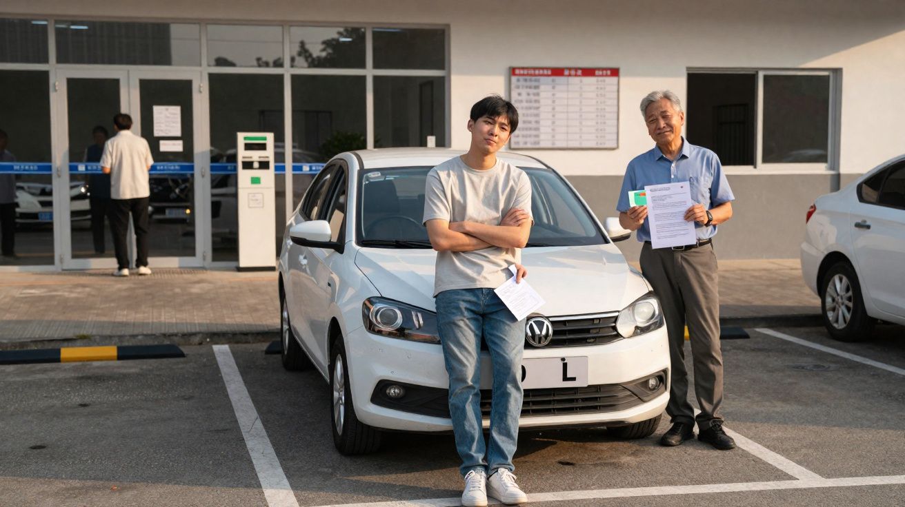 Deux hommes posent devant une voiture blanche dans un parking, tenant des papiers officiels.
