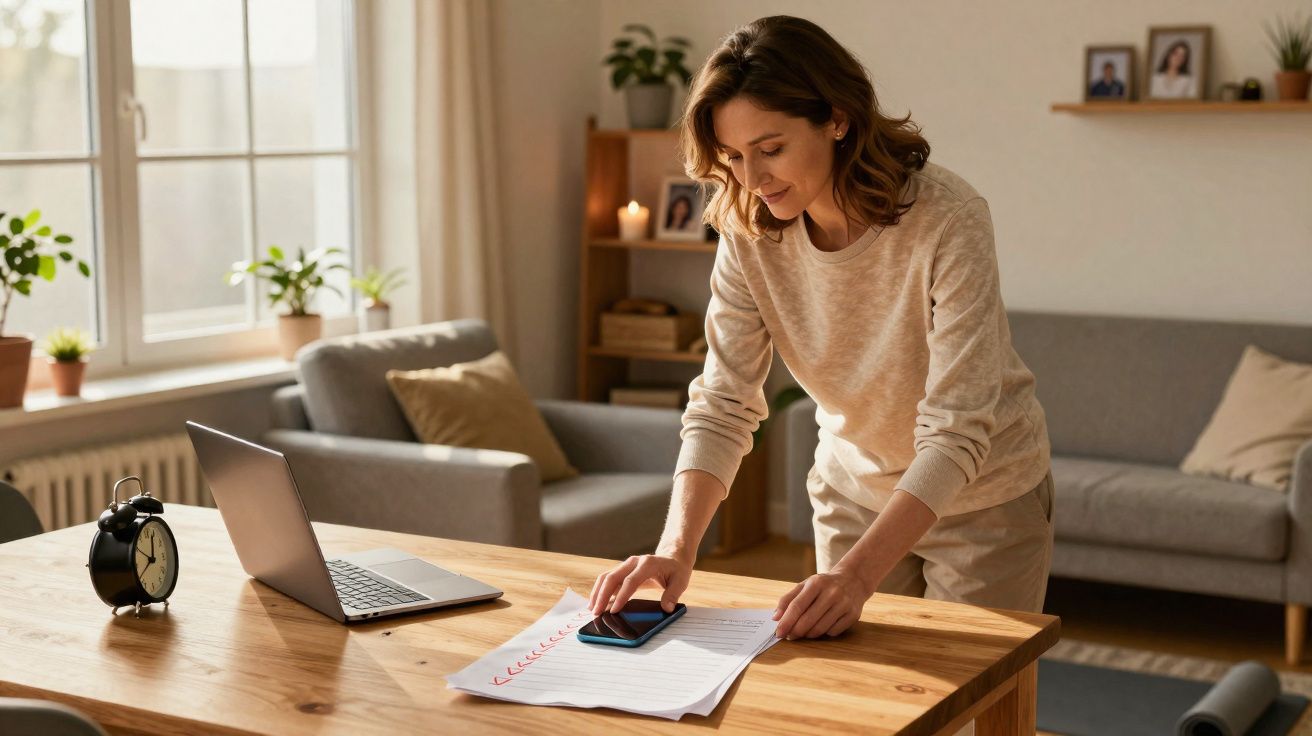 Femme travaillant à domicile, tampons sur des documents au bureau dans un salon lumineux et décoré.