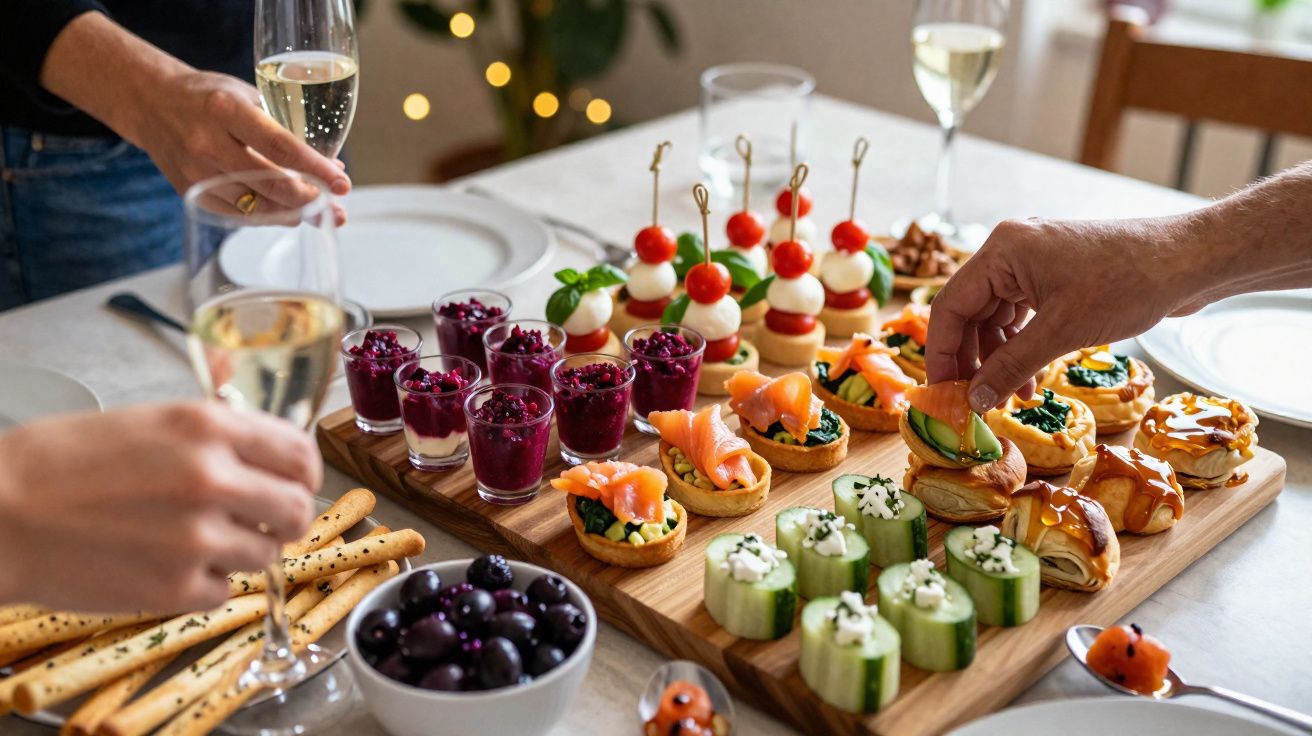 Plateau apéritif varié avec toasts, bouchées salées, olives et verres de champagne en fête convivial.
