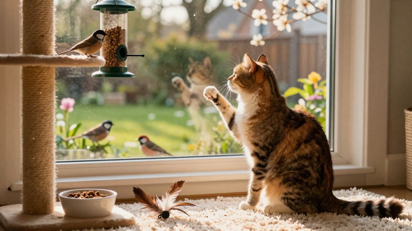 Chat tigré assis près d'une fenêtre observe des petits oiseaux mangeant des graines sur un perchoir.