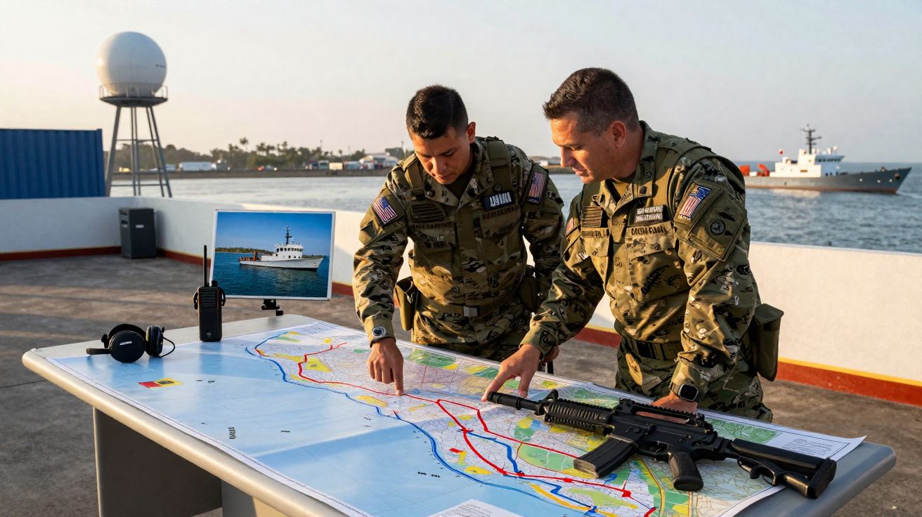 Deux soldats en tenue militaire planifient une opération sur une carte étalée, un fusil et un bateau en arrière-plan.
