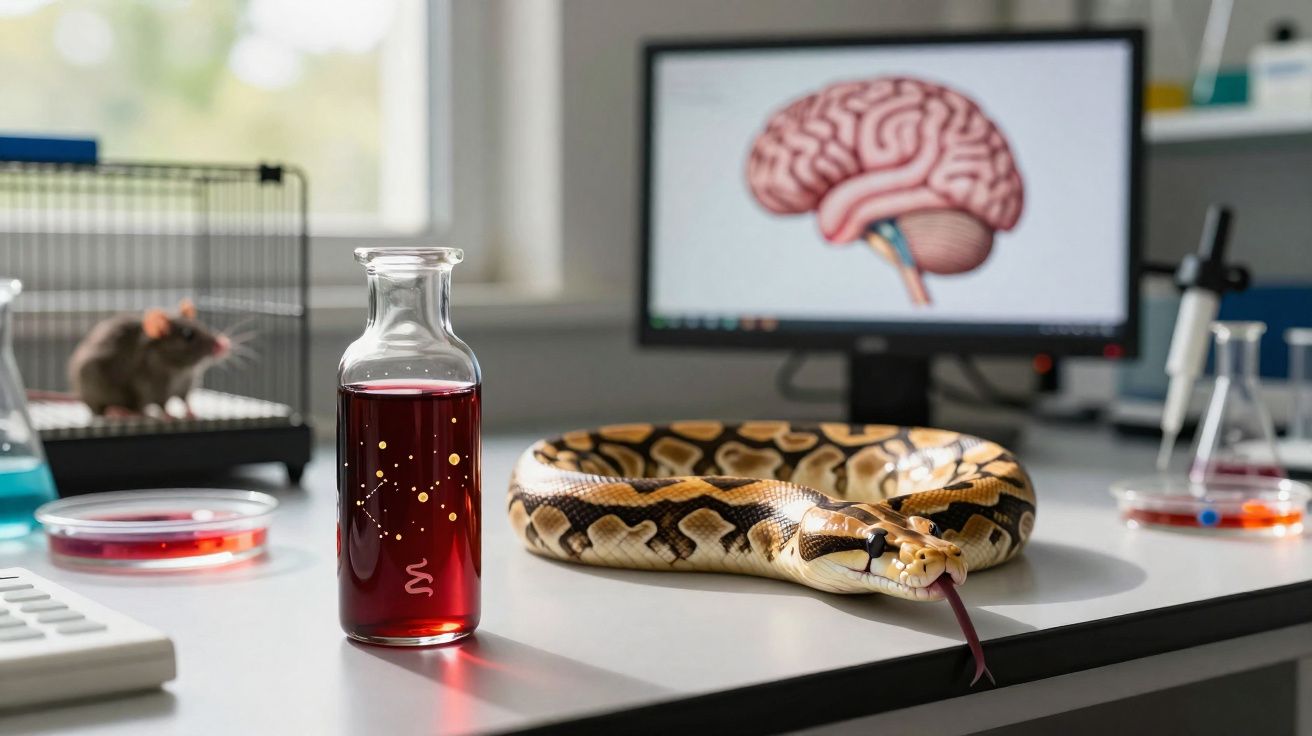 Serpent royal sur une table de laboratoire avec un rat en cage et un écran affichant un cerveau humain.