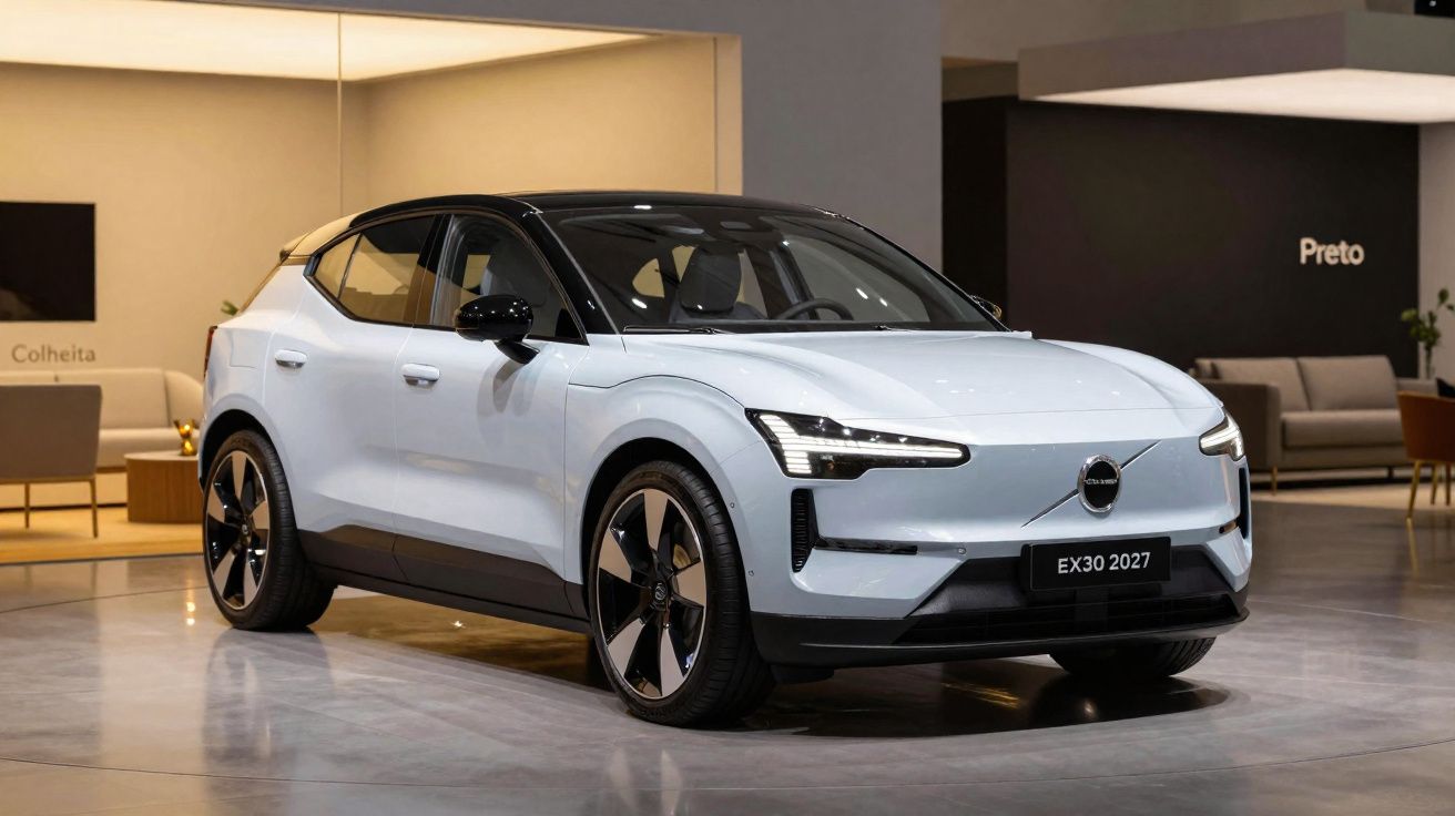 Voiture électrique Volvo EX30 2027 blanche exposée en intérieur avec éclairage moderne et design élégant.