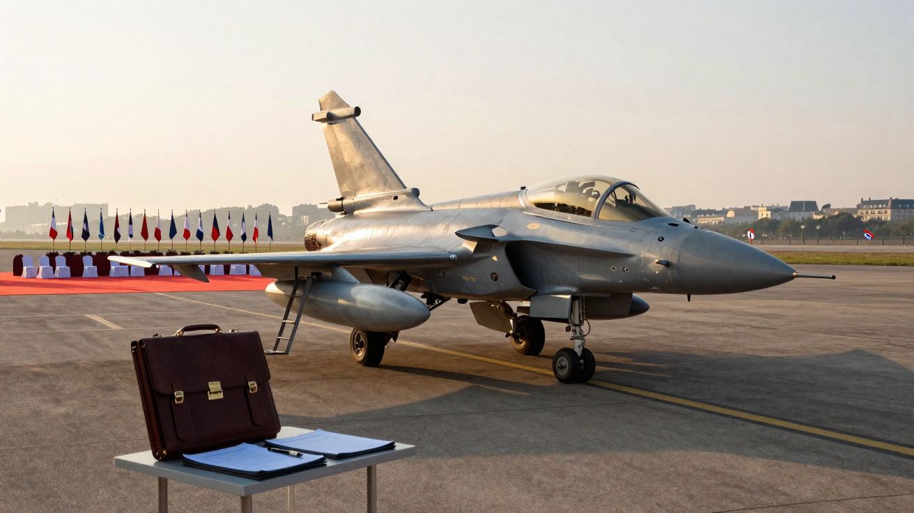 Avion de chasse au sol sur piste avec mallette et documents sur table, drapeaux en arrière-plan au coucher du soleil.
