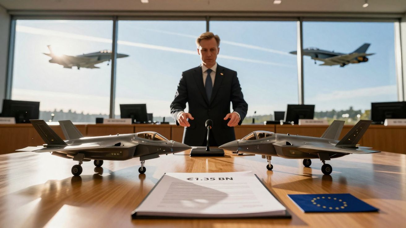 Homme en costume debout devant deux maquettes d’avions de chasse sur une table avec documents, fenêtres et avions en vol.