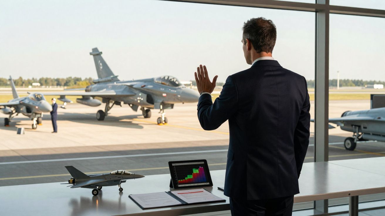 Homme en costume observant et saluant des avions de chasse depuis une baie vitrée d'aéroport.