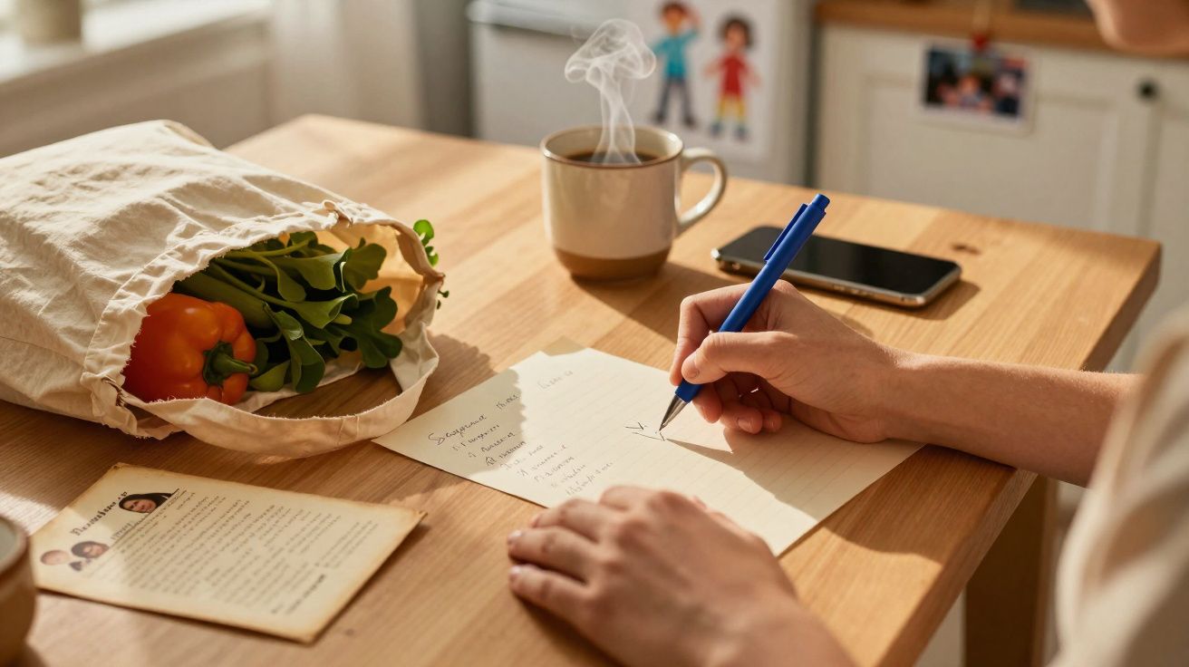 Personne écrivant une liste de courses à côté d'un sac en tissu avec des légumes et une tasse fumante sur une table en bois.