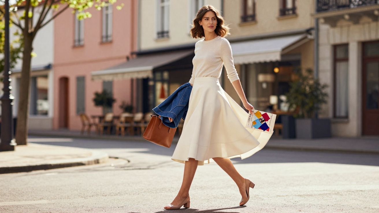 Jeune femme élégante en jupe beige et pull clair traversant une rue urbaine ensoleillée.