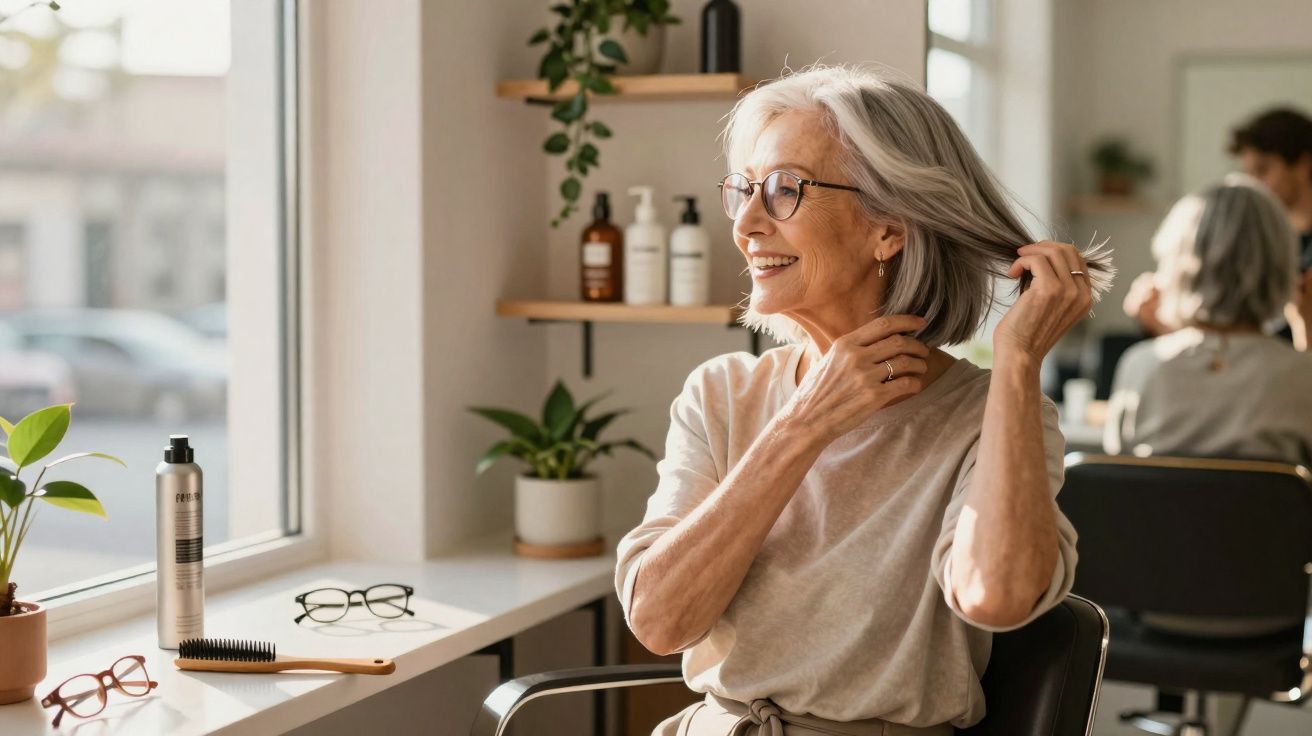 Femme âgée souriante touchant ses cheveux gris, assise dans un salon de coiffure lumineux près d’une fenêtre.