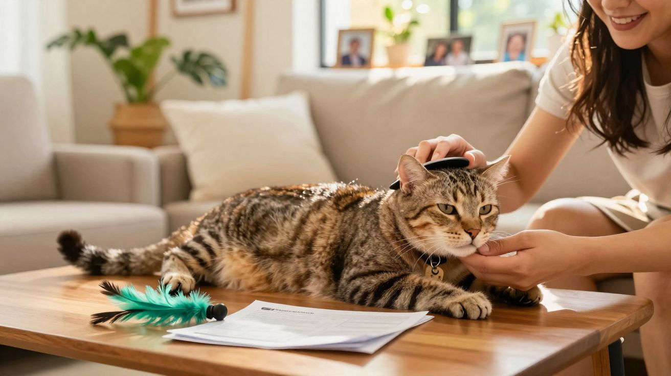 Chat tigré se faisant brosser sur une table en bois, près de documents et d'un jouet plume, avec une personne souriante.