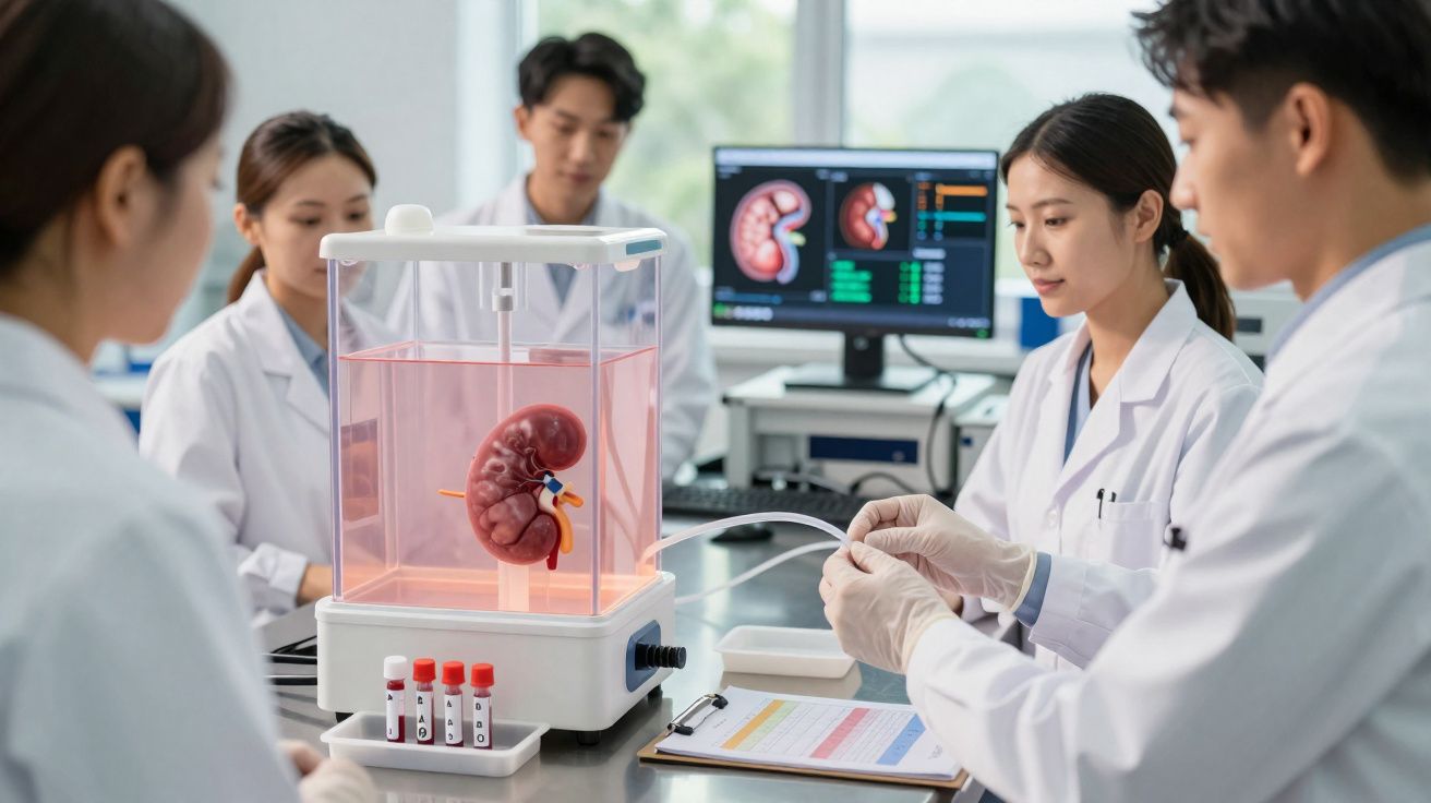 Équipe médicale étudiant un modèle de rein en laboratoire avec moniteurs affichant des images de reins en arrière-plan.