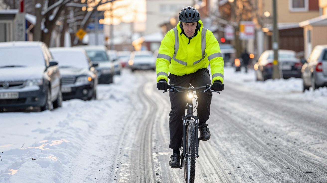 Homme en veste jaune fluo et casque roulant à vélo sur une route enneigée en milieu urbain.