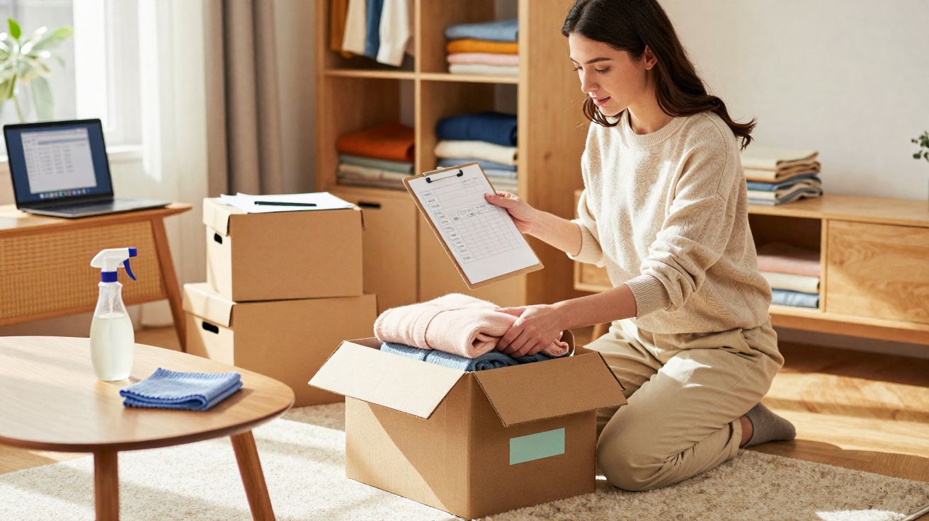 Femme assise au sol pliant des vêtements et cochant une liste devant des cartons dans un salon lumineux.