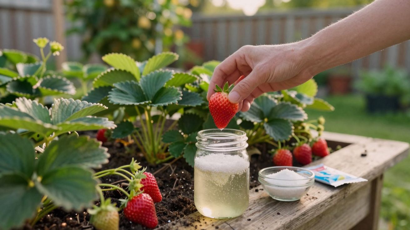 Main tenant une fraise au-dessus d'un pot en verre rempli de liquide et de sucre dans un jardin.