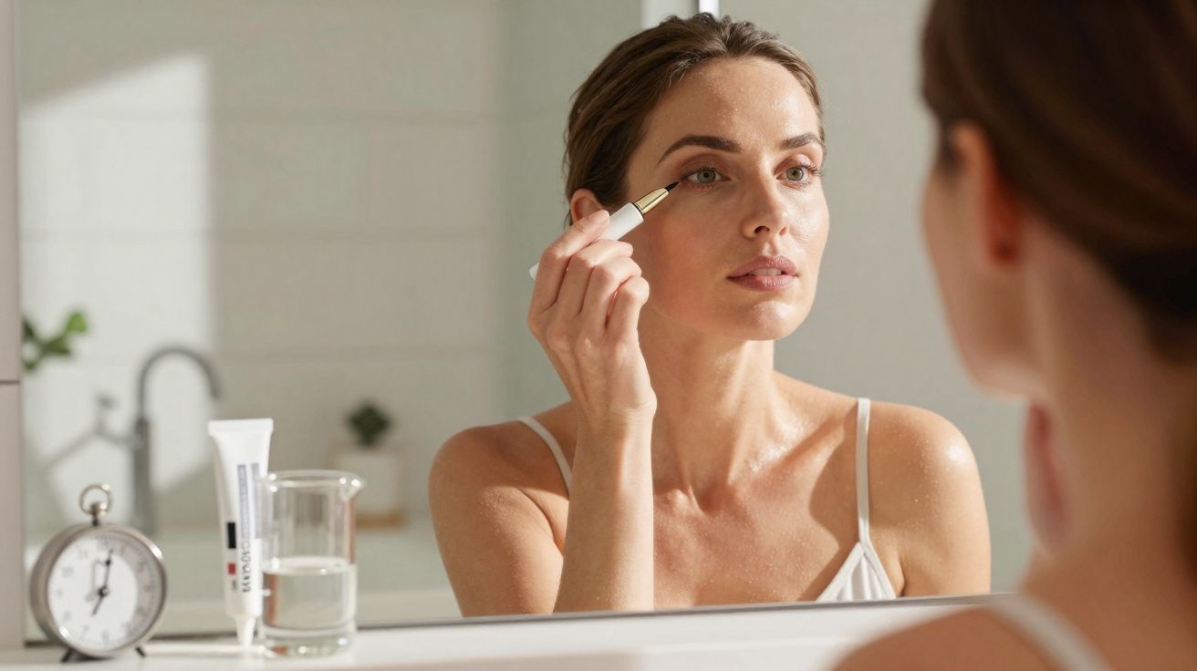 Femme appliquant un produit de soin sous l'œil devant un miroir dans une salle de bain lumineuse.