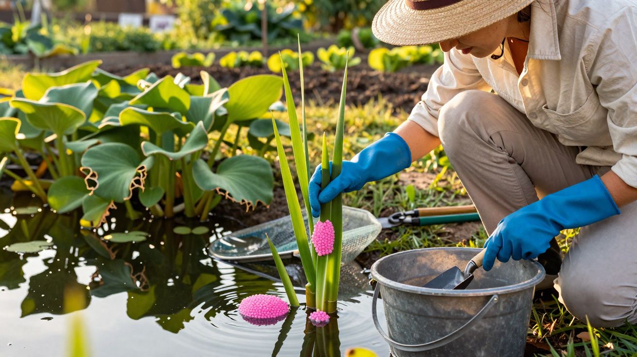 Personne en gants bleus nettoyant des œufs roses sur des plantes aquatiques près d’un étang de jardin.