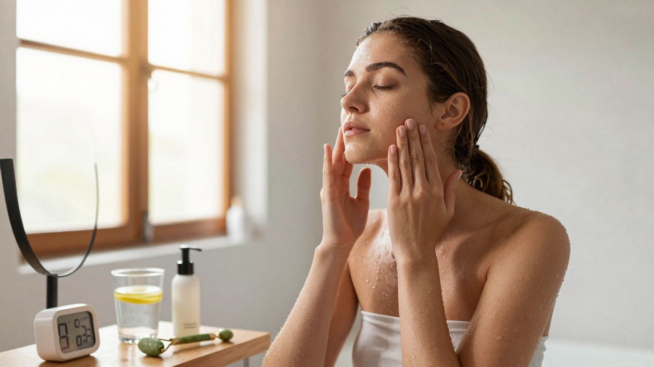 Jeune femme appliquant un produit hydratant sur le visage, assise près d'une fenêtre lumineuse.
