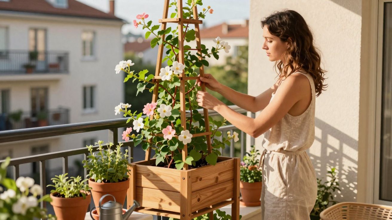 Jeune femme arrangeant des fleurs blanches et roses sur un balcon ensoleillé avec poterie en terre cuite.