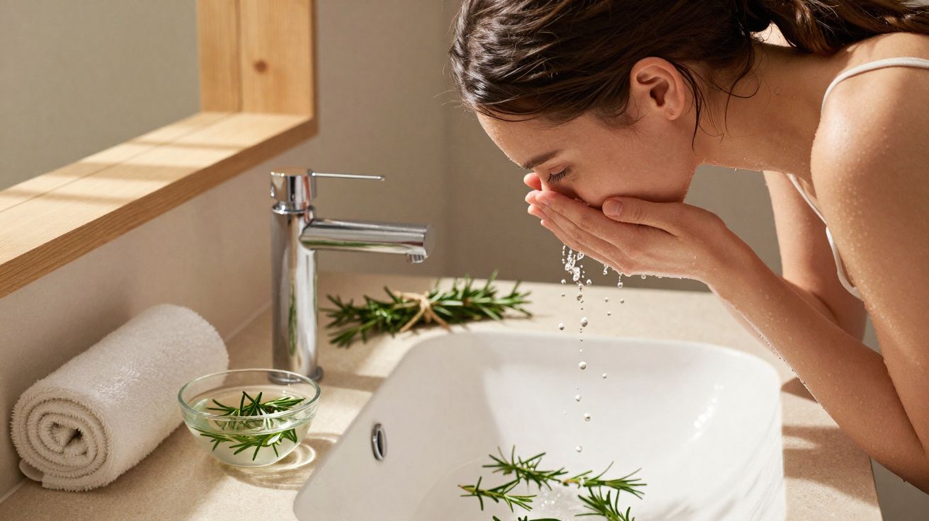 Femme se lavant le visage au lavabo décoré de branches de romarin dans une salle de bain lumineuse.