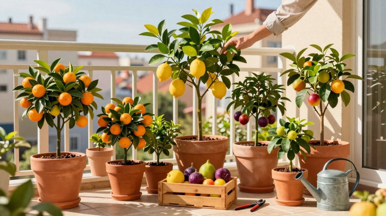Plantes fruitières en pots sur un balcon, avec citronniers, orangers, pruniers et outils de jardinage.