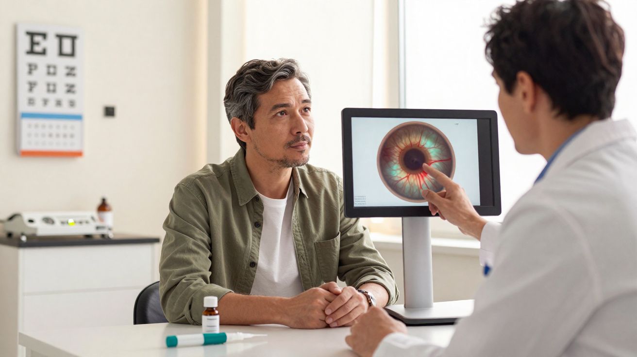 Médecin expliquant au patient une image d'œil détaillée lors d'une consultation en ophtalmologie.