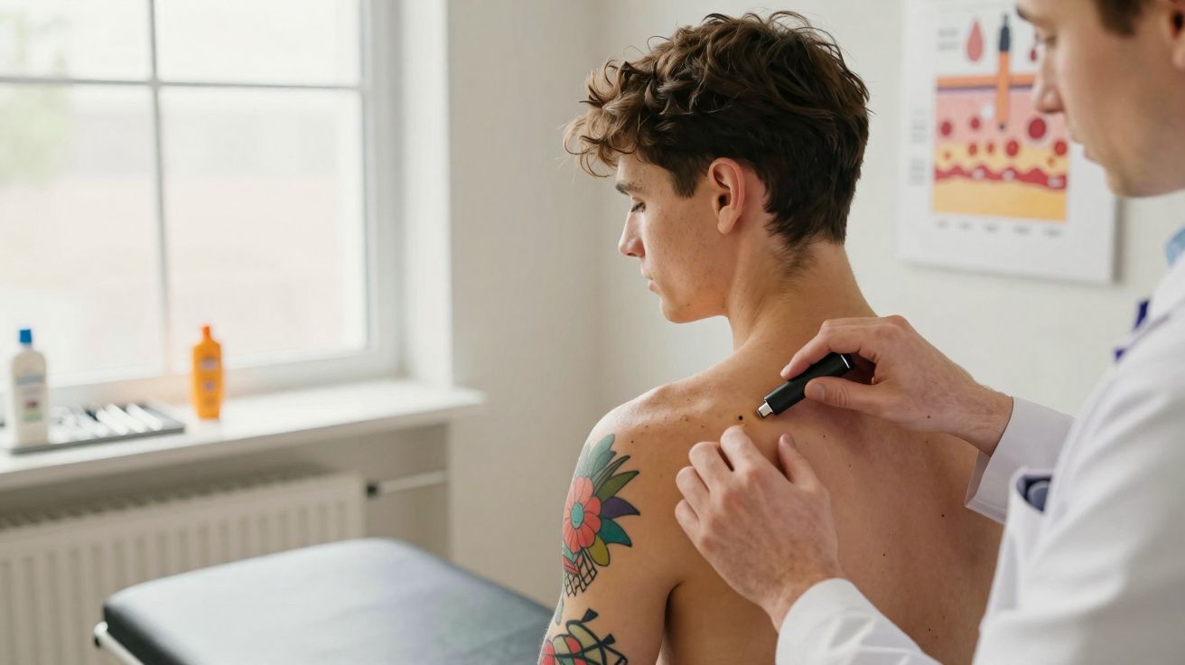 Médecin examinant un grain de beauté sur l'épaule d'un jeune homme tatoué en consultation dermatologique.
