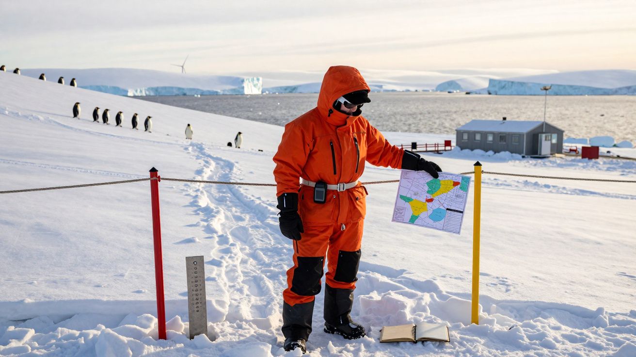 Personne en tenue orange d'exploration polaire tenant une carte, entourée de neige et de manchots en Antarctique.