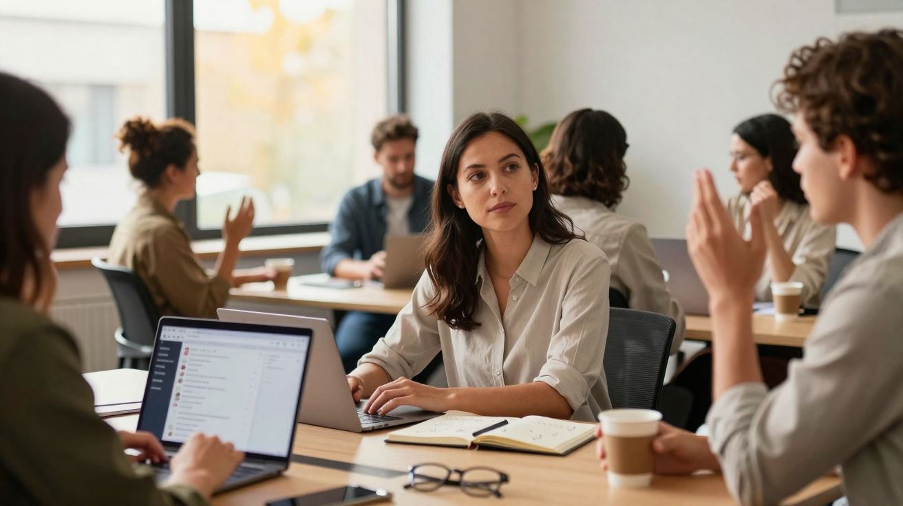 Groupe de jeunes professionnels discutant et travaillant sur des ordinateurs portables dans un bureau lumineux.