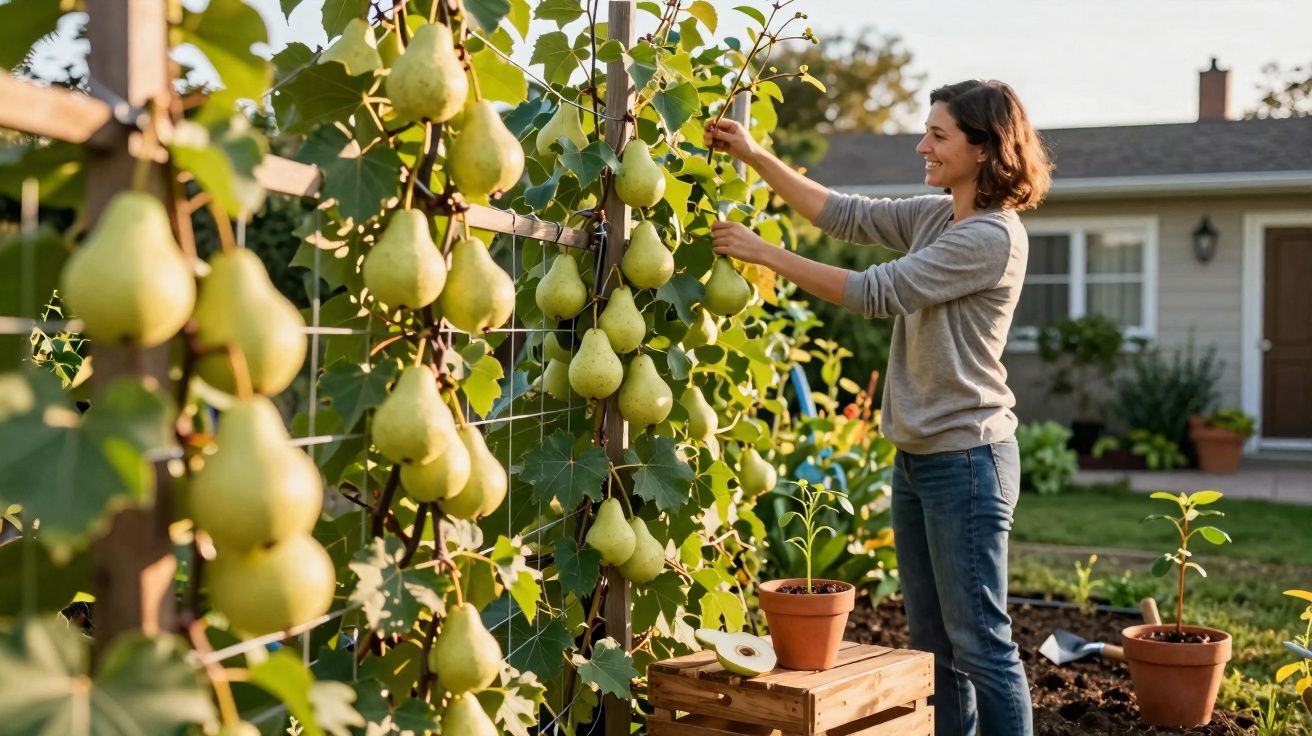 Femme souriante récoltant des poires sur un treillis dans un jardin ensoleillé près d'une maison.
