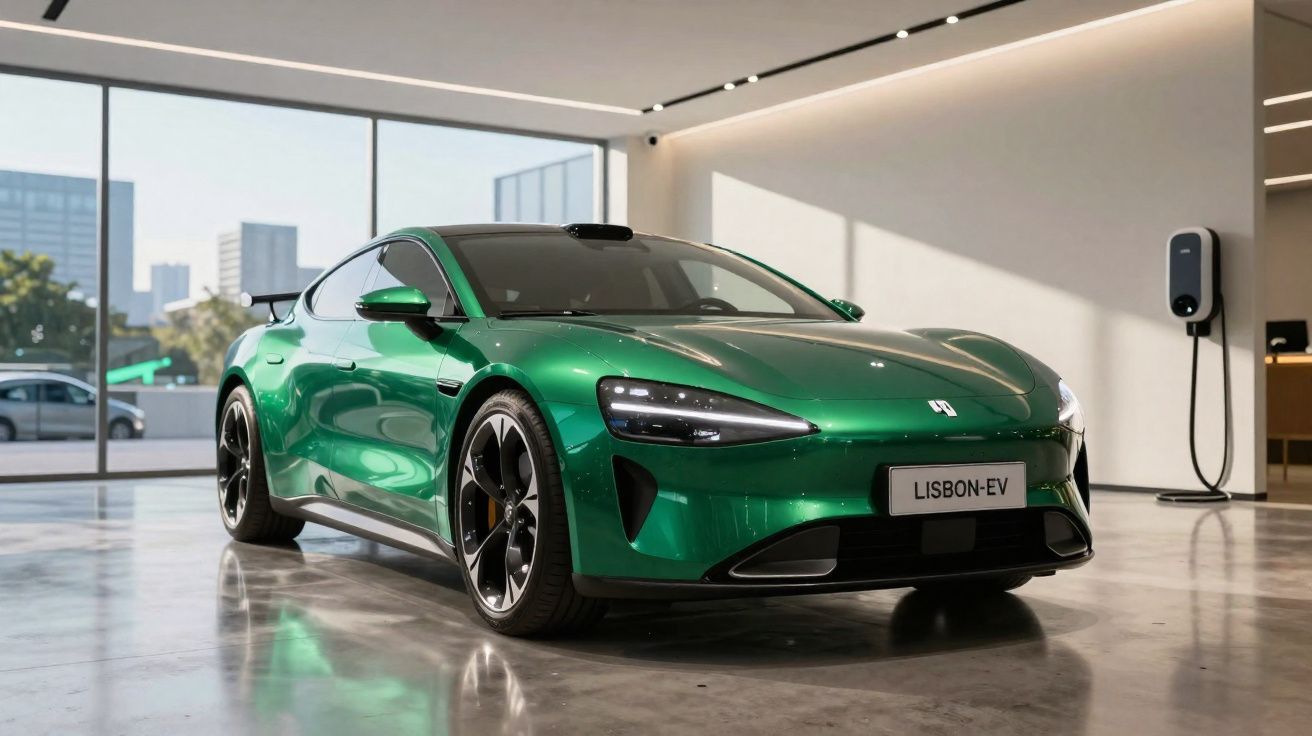 Voiture électrique sportive verte stationnée dans un showroom lumineux avec prise de recharge murale.