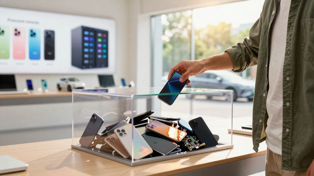 Une main déposant un smartphone dans un bac transparent rempli de téléphones cassés en magasin.
