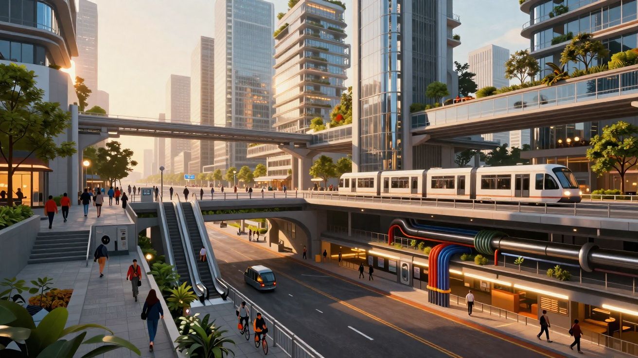 Ville futuriste avec tram, pistes cyclables, trottoirs animés et immeubles modernes végétalisés au coucher du soleil.