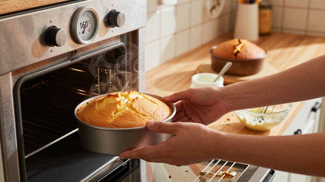 Personne retirant un gâteau chaud et moelleux fumant d'un four encastré dans une cuisine.