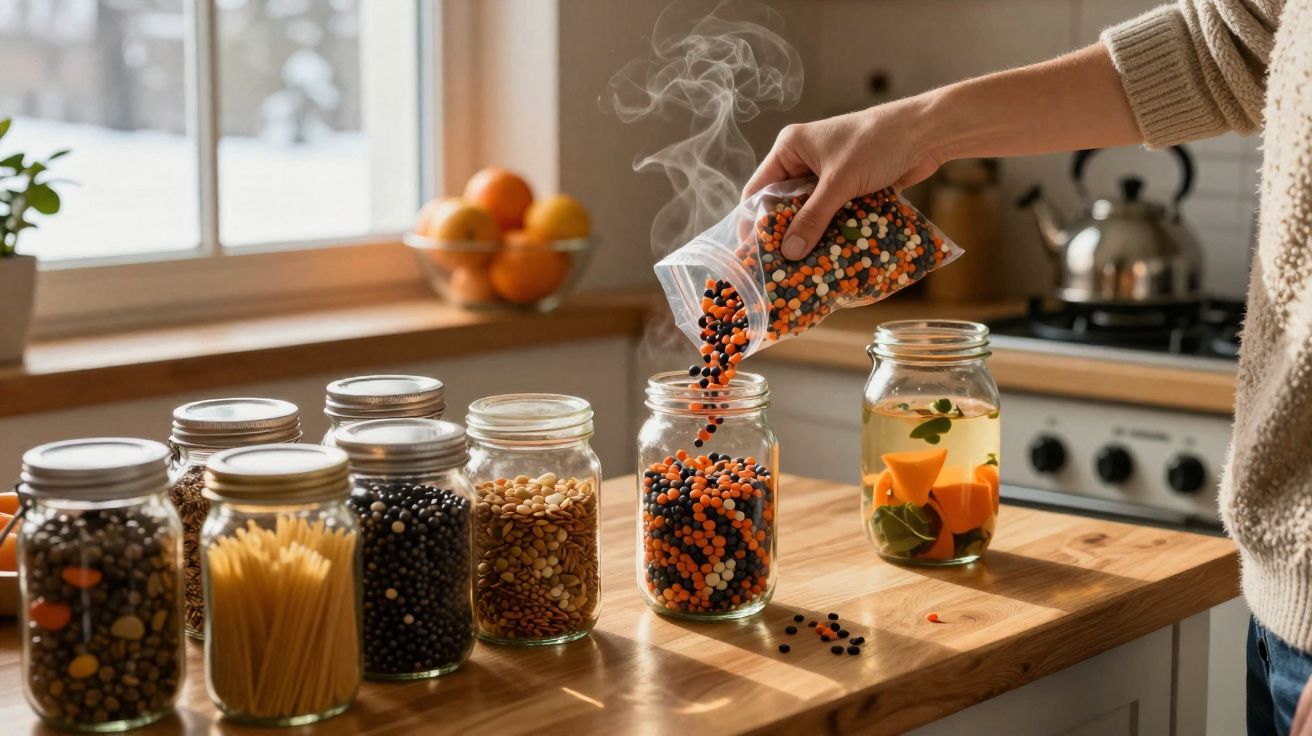 Main versant des lentilles multicolores dans un bocal en verre sur un plan de travail en cuisine lumineuse.