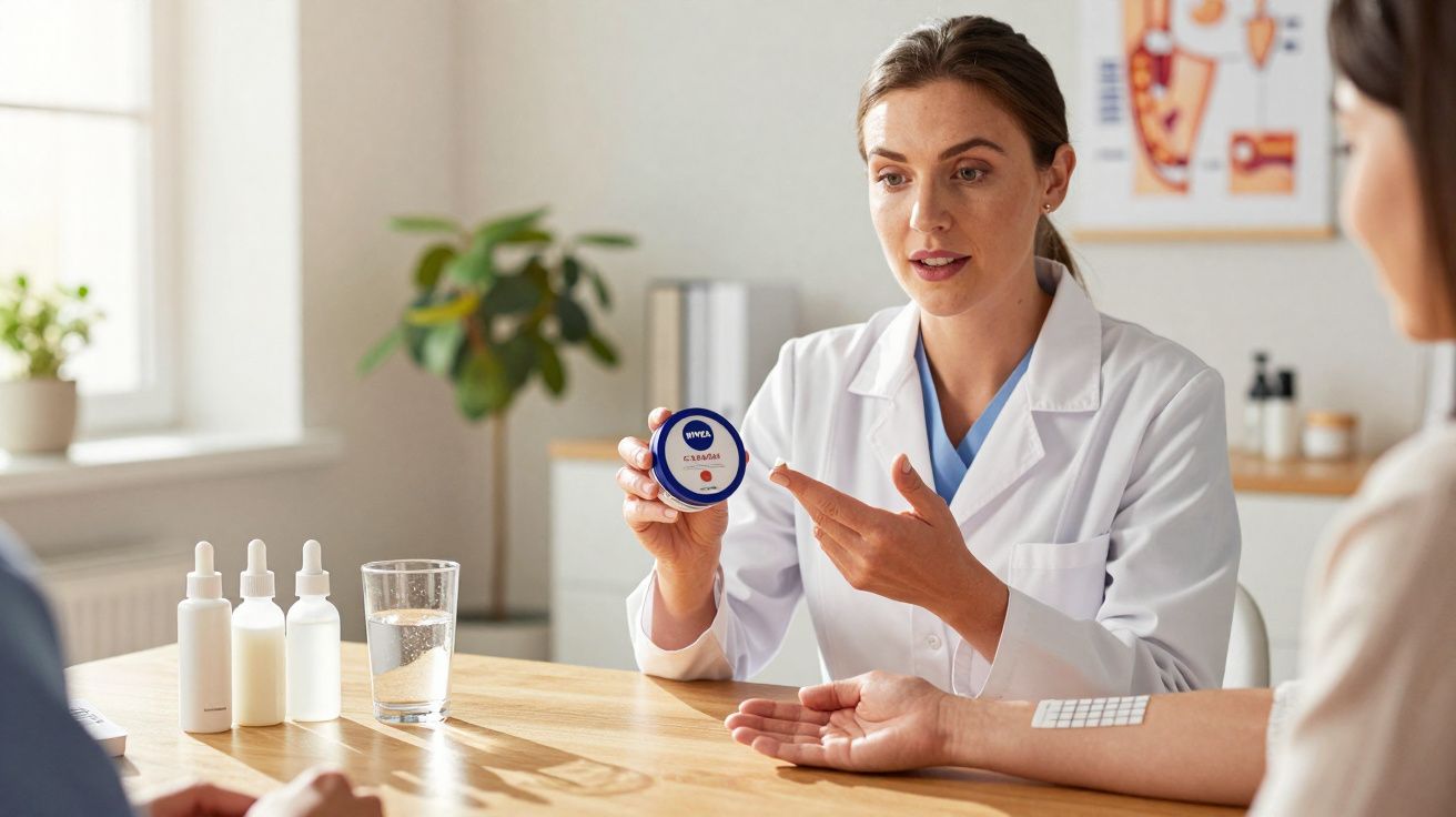 Femme médecin en blouse blanche expliquant un produit Nivea Creme à deux patientes en consultation.