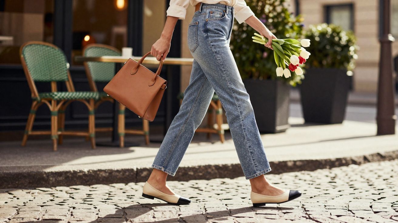 Personne marchant sur un trottoir pavé, tenant un bouquet de tulipes blanches et rouges et un sac à main marron.