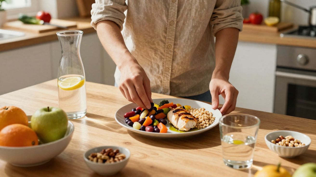 Personne préparant une assiette avec poulet grillé, légumes colorés et pois chiches dans une cuisine lumineuse.
