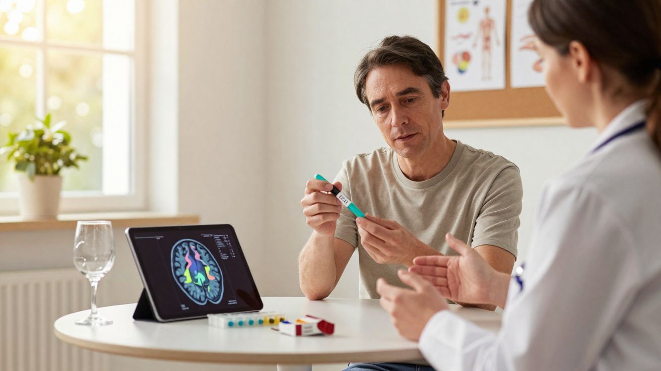 Homme montrant un test médical à une professionnelle de santé lors d'une consultation dans un bureau lumineux.