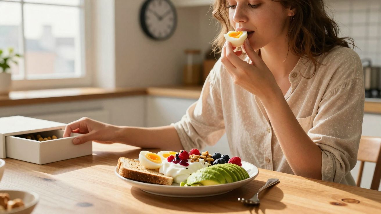Femme mangeant un œuf dur à la coque avec une assiette de petit-déjeuner sain en cuisine lumineuse.