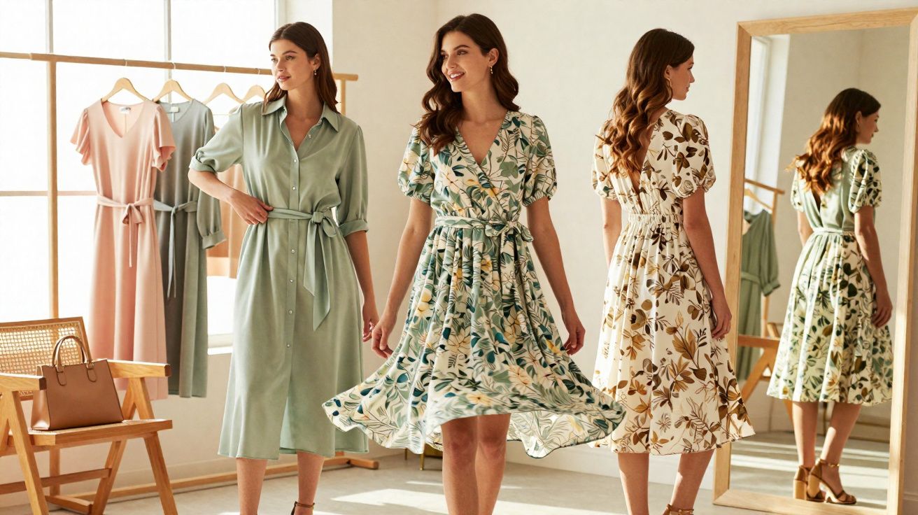 Trois femmes portent des robes midi légères et colorées dans une pièce lumineuse avec un portant et un miroir.