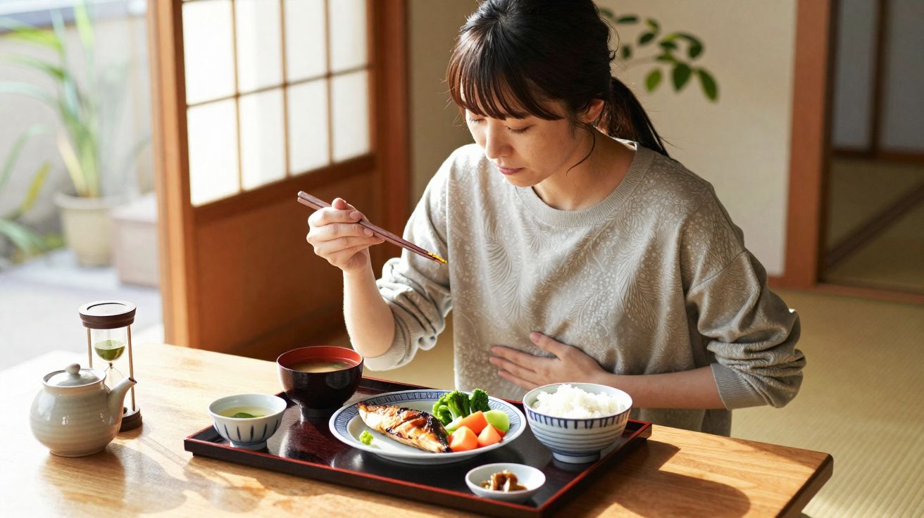 Femme asiatique assise à une table en bois, mangeant un repas japonais avec baguettes dans une pièce lumineuse.