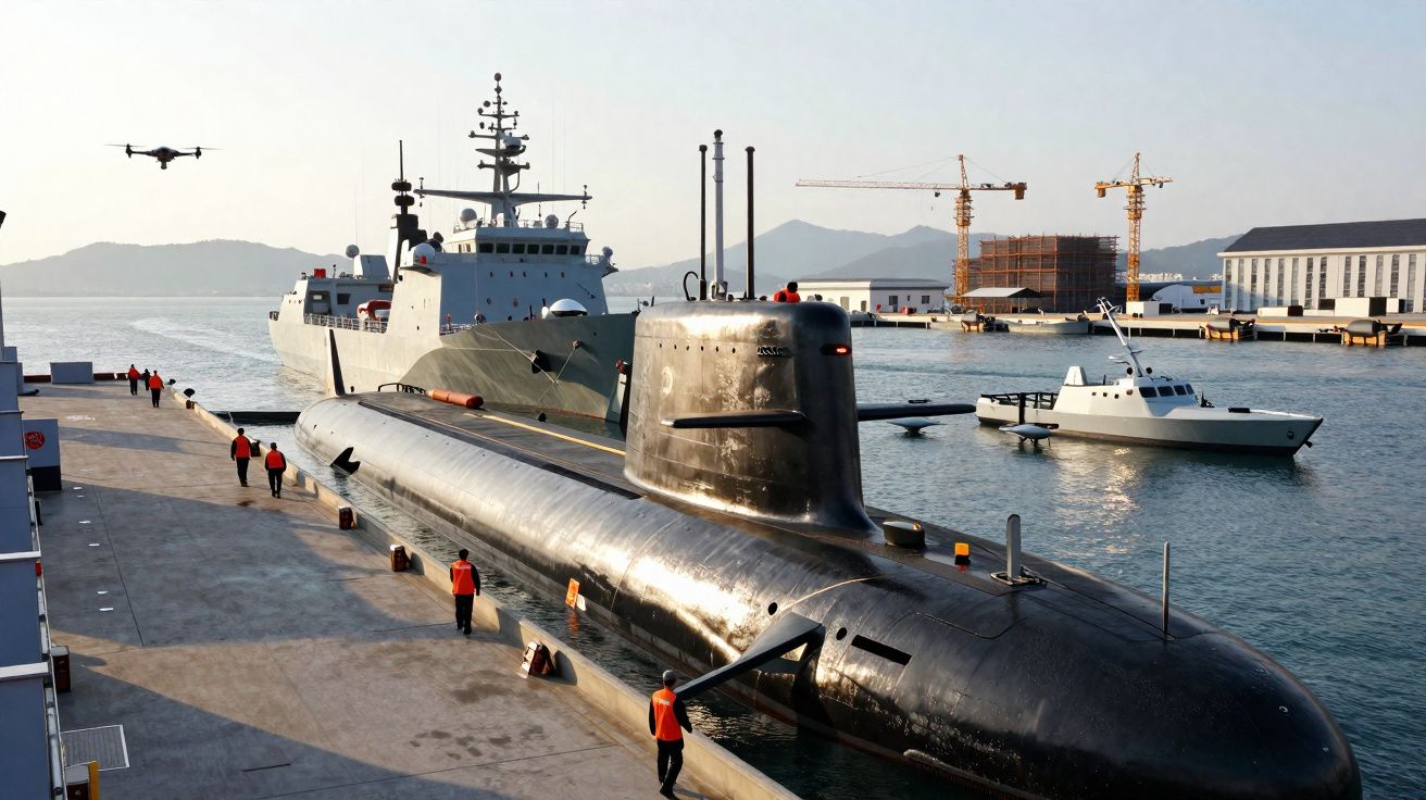 Sous-marin noir amarré au quai avec plusieurs marins en gilets orange, navire militaire et drone en arrière-plan.