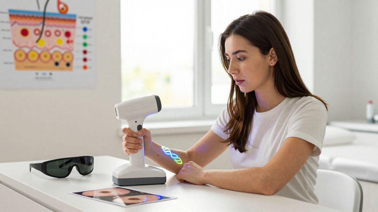 Femme utilisant un appareil de diagnostic cutané sur son avant-bras dans une salle lumineuse.